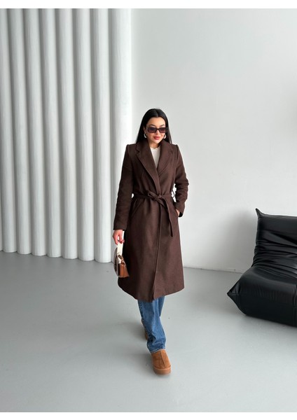 Kahverengi Kuşaklı Astarlı Kaşe Kaban - 7059
