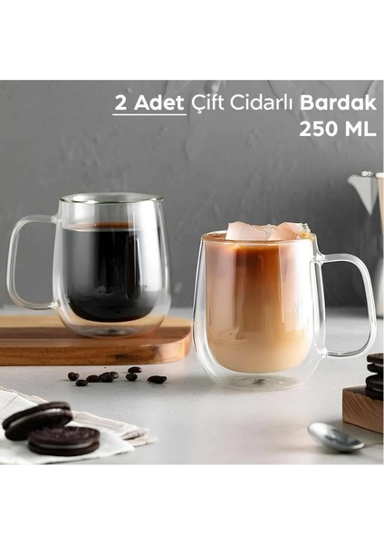 - 2 Adet Cam Çift Cidarlı 250 ml Kahve Kupası Kupa Bardak K00000090