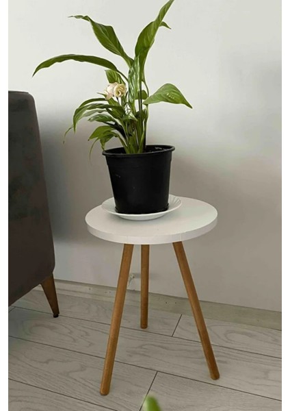 Tekli Yan Sehpa Çiçeklik Saksılık Standı Dekoratif Yan Sehpa Seti Ahşap Ayaklı (33 cm Çap)