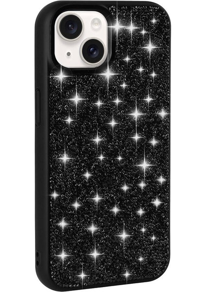 Atlas iPhone 15 Kılıf Parlak Taşlı Tasarım Pırlanta Kapak-Siyah