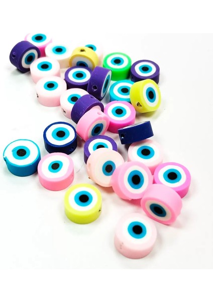 90 Adet 10 mm Polimer Kil Fimo Boncuk Takı Bileklik + 5 Metre Misina Hediye - Smile - Kalp - Nazar