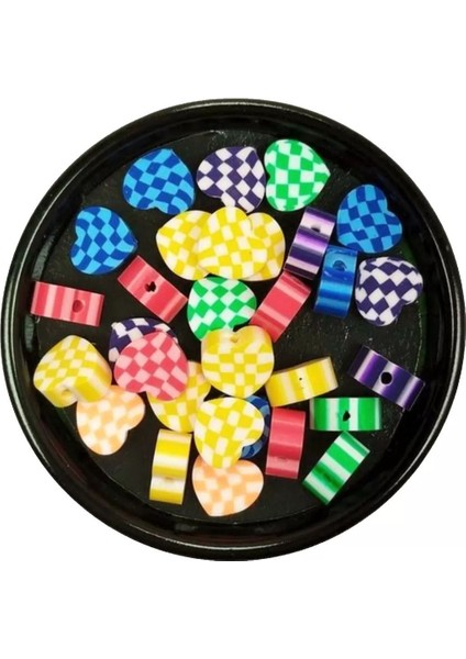 90 Adet 10 mm Polimer Kil Fimo Boncuk Takı Bileklik + 5 Metre Lastikli Misina Hediye - Desenli Kalp