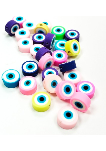 90 Adet 10 mm Polimer Kil Fimo Boncuk Takı Bileklik + 5 Metre Lastikli Misina Hediye - Nazar Boncuğu