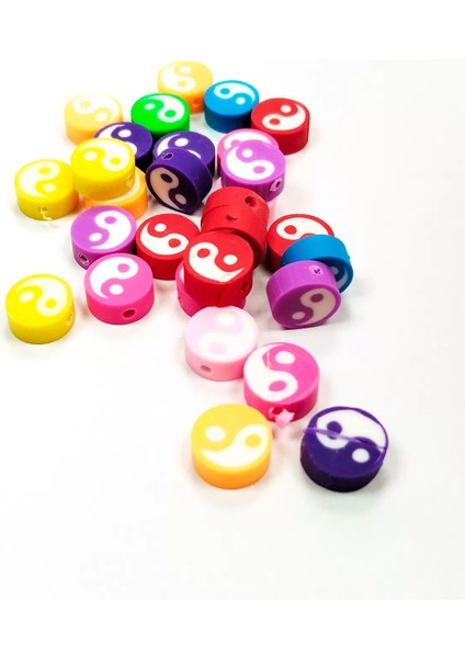90 Adet 10 mm Polimer Kil Fimo Boncuk Takı Bileklik + 5 Metre Misina Hediye - Yin Yang - Karışık - Limon