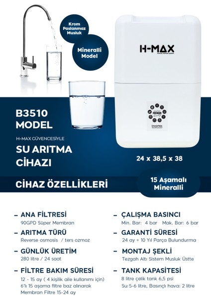 15 Aşama 9 Litre Çelik Tanklı 80 Gpd Membranlı Su Arıtma Cihazı