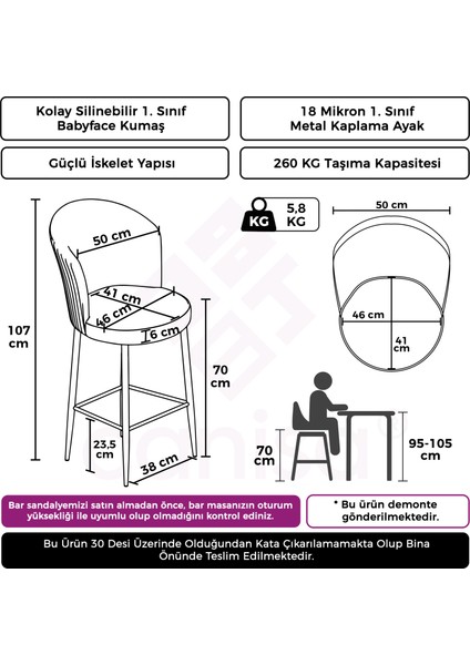 Concept Fora Serisi 6 Adet Babyface Kumaş Krom Kaplama Metal Ayaklı Ada Mutfak Bar Sandalyesi