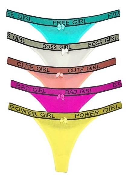 5 Adet Beli Yazılı Pamuk Kadın Tanga String Külot