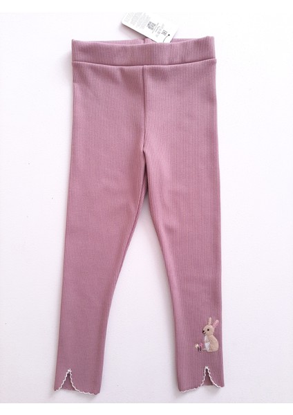 Kız Çocuk Fitilli Kumaş Nakışlı Basic Tayt Pantolon