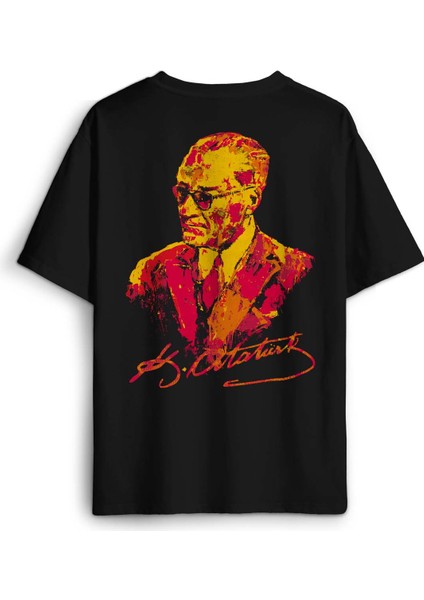 Siyah Oversize T-Shirt Atatürk Sarı Kırmızı Sırt Ön Baskılı Tişört Unisex