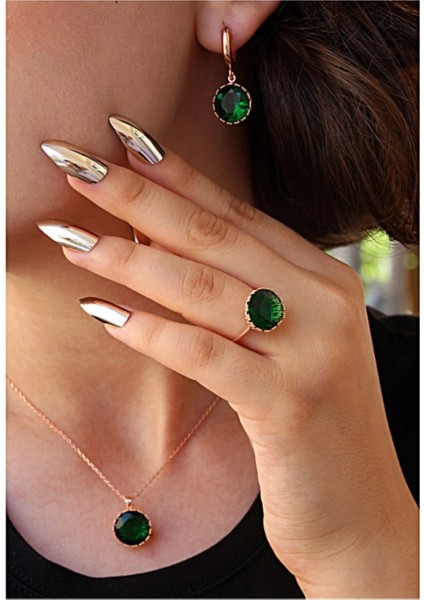 Yeşil Zirkon Taşlı Yuvarlak Gümüş Yüzük Küpe Kolye Takım