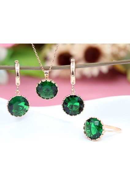 Yeşil Zirkon Taşlı Yuvarlak Gümüş Yüzük Küpe Kolye Takım fiyatları