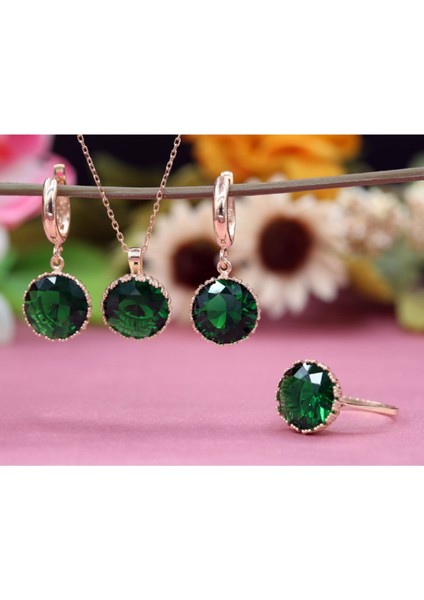 Yeşil Zirkon Taşlı Yuvarlak Gümüş Yüzük Küpe Kolye Takım modelleri