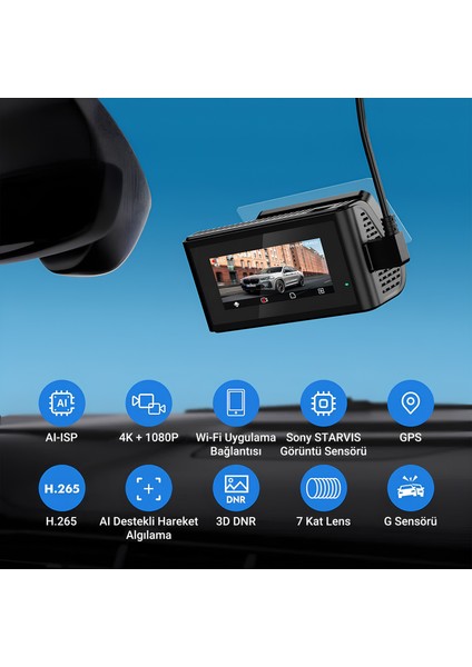 D11 2 Kameralı Ön / Arka 4K+1080P Sony Starvıs Sensörlü Yapay Zeka Destekli Wi-Fi Gps'li Araç Kamerası