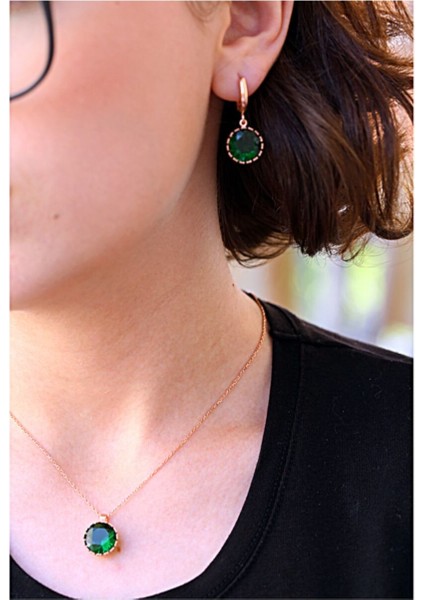 Yeşil Zirkon Taşlı Yuvarlak Gümüş Yüzük Küpe Kolye Takım indirimleri