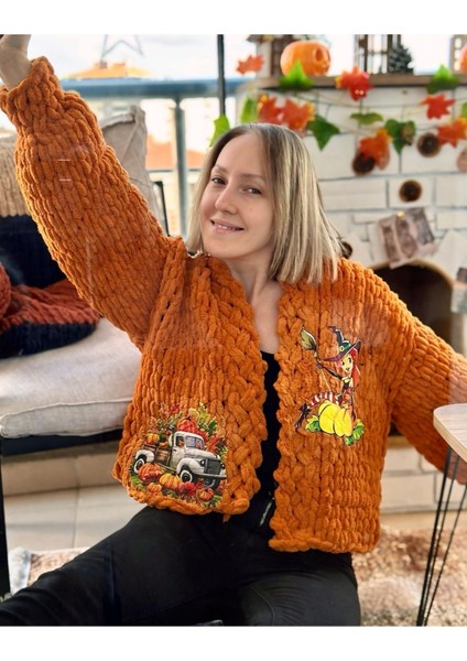 El Örgüsü Pumpkin Baskılı Puffy Polar Chunky Hırka Turuncu / Standart