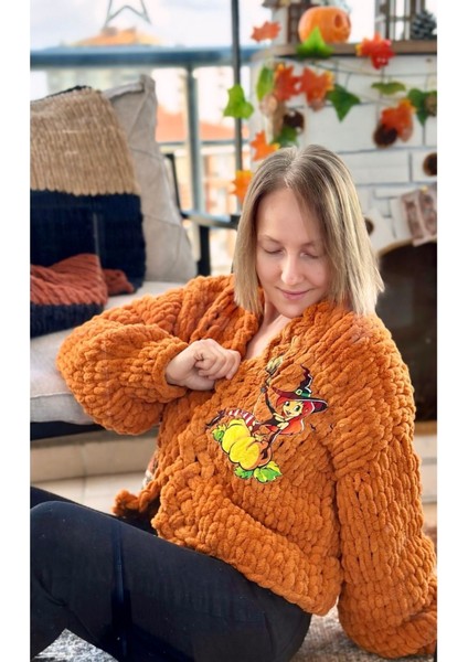 El Örgüsü Pumpkin Baskılı Puffy Polar Chunky Hırka Turuncu / Standart