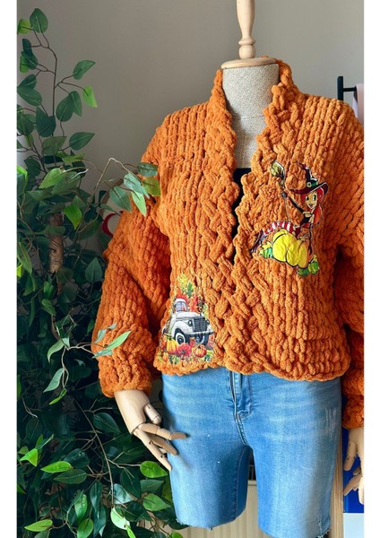 El Örgüsü Pumpkin Baskılı Puffy Polar Chunky Hırka Turuncu / Standart