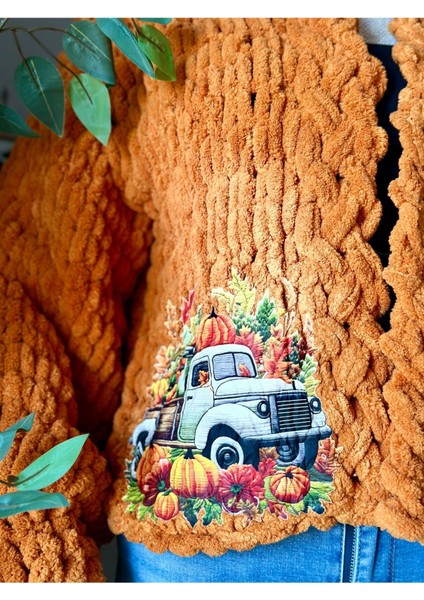 El Örgüsü Pumpkin Baskılı Puffy Polar Chunky Hırka Turuncu / Standart