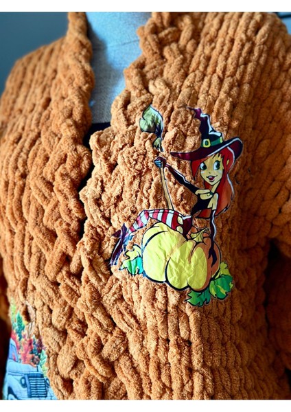 El Örgüsü Pumpkin Baskılı Puffy Polar Chunky Hırka Turuncu / Standart