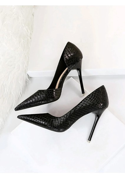Kadın Siyah 8cm Ince Şeffaf Kapak Topuklu Kroko Timsah Yılan Desenli Stiletto Abiye Ayakkabı fiyatları