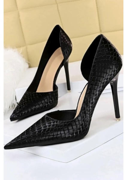 Kadın Siyah 8cm Ince Şeffaf Kapak Topuklu Kroko Timsah Yılan Desenli Stiletto Abiye Ayakkabı