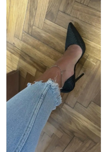 Kadın Siyah 8cm Ince Şeffaf Kapak Topuklu Kroko Timsah Yılan Desenli Stiletto Abiye Ayakkabı modelleri