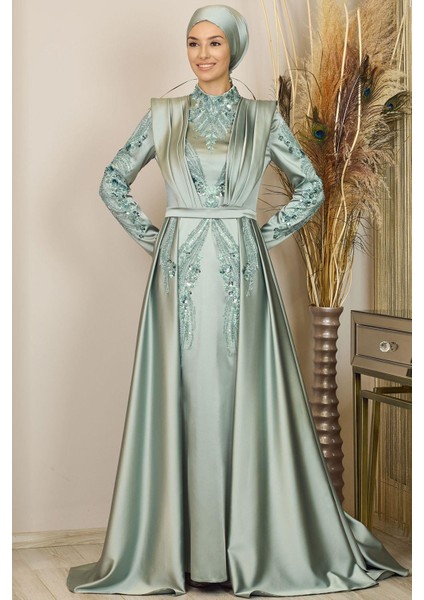 Önü Drapeli Kuyruklu Boncuk Işlemeli Miranda Tesettür Abiye Çağla Yeşili