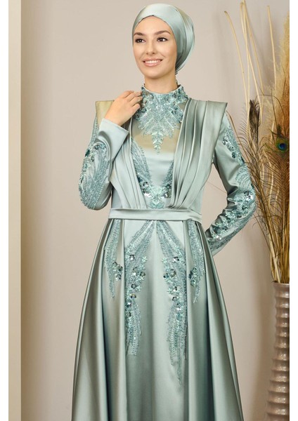 Önü Drapeli Kuyruklu Boncuk Işlemeli Miranda Tesettür Abiye Çağla Yeşili fiyatları
