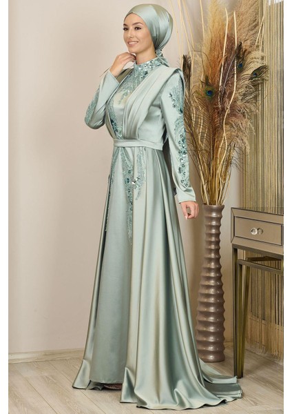 Önü Drapeli Kuyruklu Boncuk Işlemeli Miranda Tesettür Abiye Çağla Yeşili fırsatları