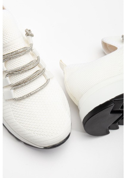 Paris Beyaz Triko Bağcıklı Taşlı Rahat Kalıp Sneaker