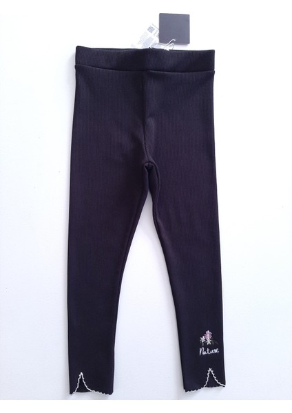 Kız Çocuk Fitilli Kumaş Nakışlı Basic Tayt Pantolon