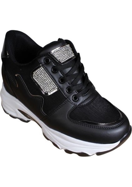 Yazkış Kadın Siyah Beyaz Cilt Taşlı Içten 8cm Topuklu Fashıon Günlük Spor Ayakkabı