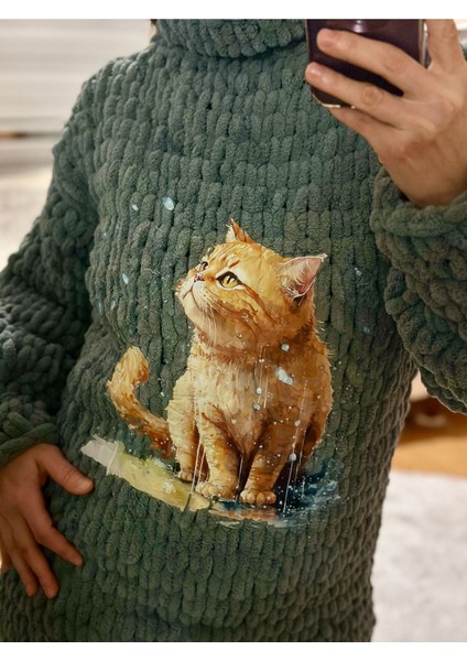 El Örgüsü Kedi Baskılı Puffy Polar Kazak,peluş Kazak Antrasit / S/m modelleri