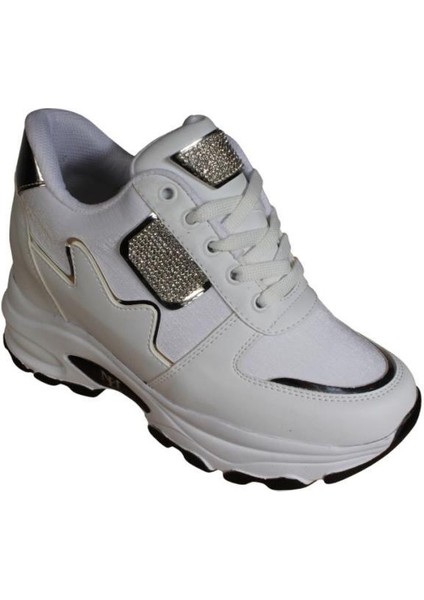 Yazkış Kadın Siyah Beyaz Cilt Taşlı Içten 8cm Topuklu Fashıon Günlük Spor Ayakkabı