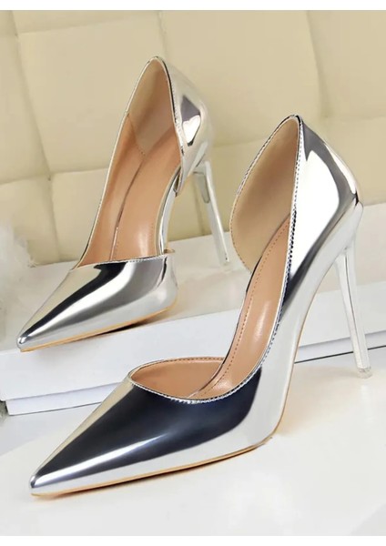 Kadın Gümüş Nude Rugan Yandan Yırtmaçlı 8cm Ince Şeffaf Kapak Topuklu Stiletto Abiye Ayakkabı fırsatları