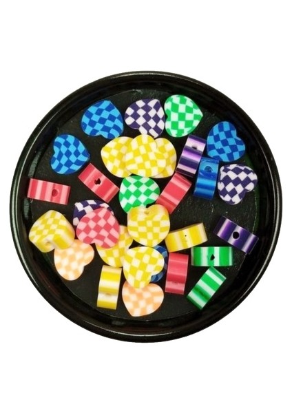30 Adet 10 mm Polimer Kil Fimo Boncuk Takı Bileklik + 5 Metre Lastikli Misina Hediye - Desenli Kalp