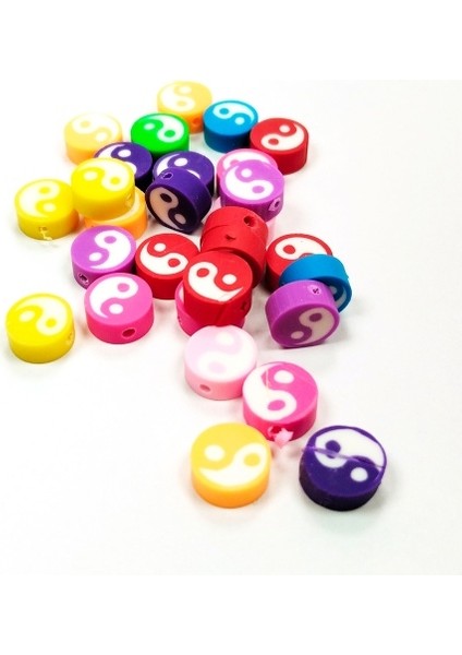 30 Adet 10 mm Polimer Kil Fimo Boncuk Takı Bileklik + 5 Metre Lastikli Misina Hediye - Renkli Yin Yang