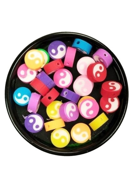 30 Adet 10 mm Polimer Kil Fimo Boncuk Takı Bileklik + 5 Metre Lastikli Misina Hediye - Renkli Yin Yang