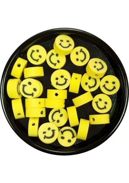 90 Adet 10 mm Polimer Kil Fimo Boncuk Takı Bileklik + 5 Metre Lastikli Misina Hediye - Gülen Yüz Smile