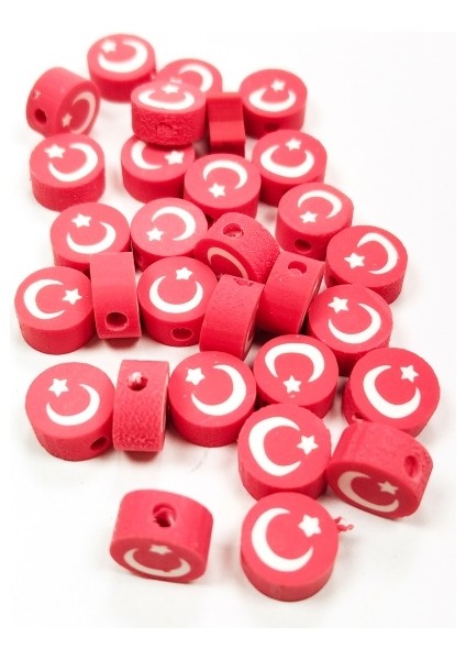 30 Adet 10 mm Polimer Kil Fimo Boncuk Takı Bileklik + 5 Metre Lastikli Misina Hediye - Türk Bayrağı
