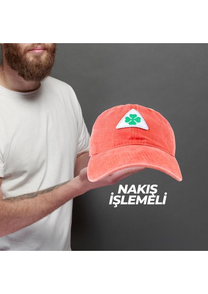 Vintage Yıkamalı Pamuk Şapka Dört Yapraklı Yonca Nakışlı Turuncu