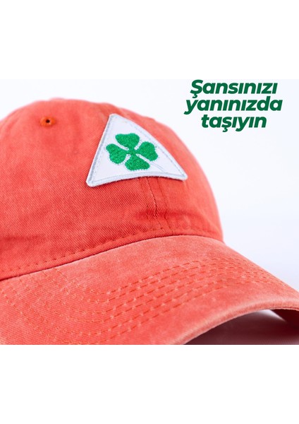 Vintage Yıkamalı Pamuk Şapka Dört Yapraklı Yonca Nakışlı Turuncu