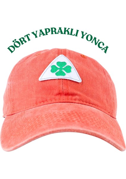 Vintage Yıkamalı Pamuk Şapka Dört Yapraklı Yonca Nakışlı Turuncu