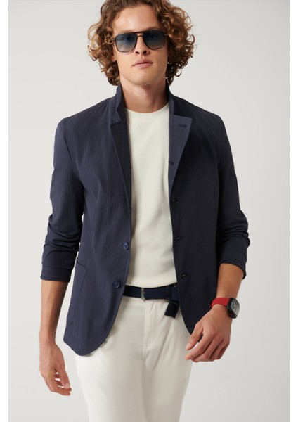 Erkek Lacivert Dik Yaka Cepli Astarsız Lightweight Blazer Comfort Slim Fit Ceket A41Y4028 fiyatları