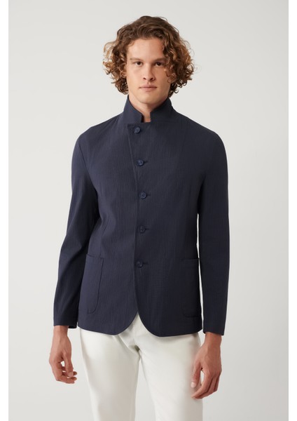 Erkek Lacivert Dik Yaka Cepli Astarsız Lightweight Blazer Comfort Slim Fit Ceket A41Y4028