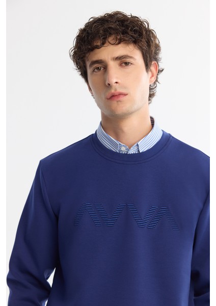 Erkek Saks Bisiklet Yaka Pamuklu Baskılı Elastan Sweatshirt A42y1227