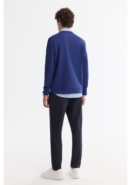 Erkek Saks Bisiklet Yaka Pamuklu Baskılı Elastan Sweatshirt A42y1227