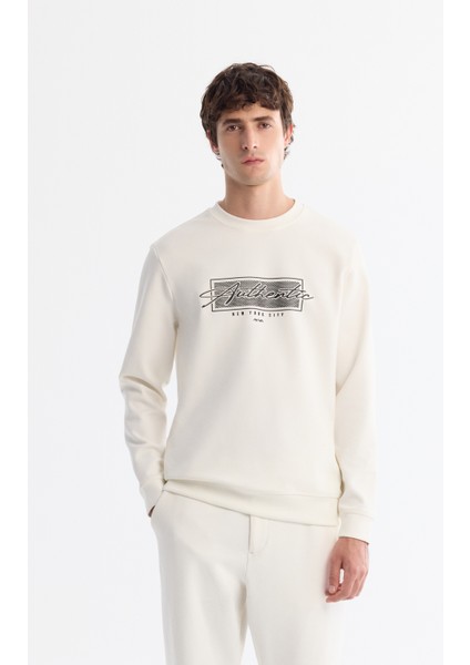 Erkek Ekru Bisiklet Yaka Kolay Ütülenebilir Pamuklu Sweatshirt A42y1270