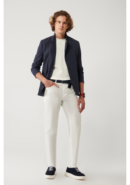 Erkek Kırık Beyaz Klasik Bel Armürlü Karışımlı 5 Cep Perge Slim Fit Pantolon A41Y3071