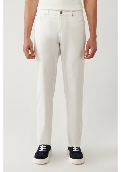 Erkek Kırık Beyaz Klasik Bel Armürlü Karışımlı 5 Cep Perge Slim Fit Pantolon A41Y3071